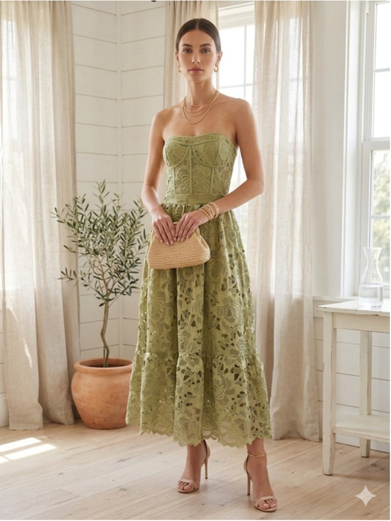 Unbranded Dresses & Skirts - Glam Sage Green Lace Corset Maxi Dress Strapless Cutout Crochet Floral XL Summer